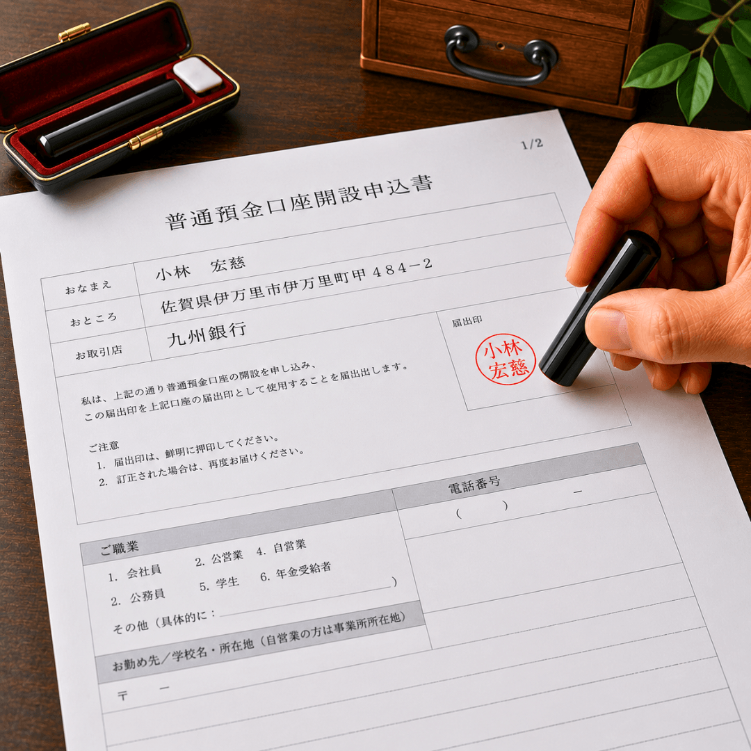 九州銀行の口座開設申込書に銀行印を押すシーン｜小林はんやの手彫り銀行印