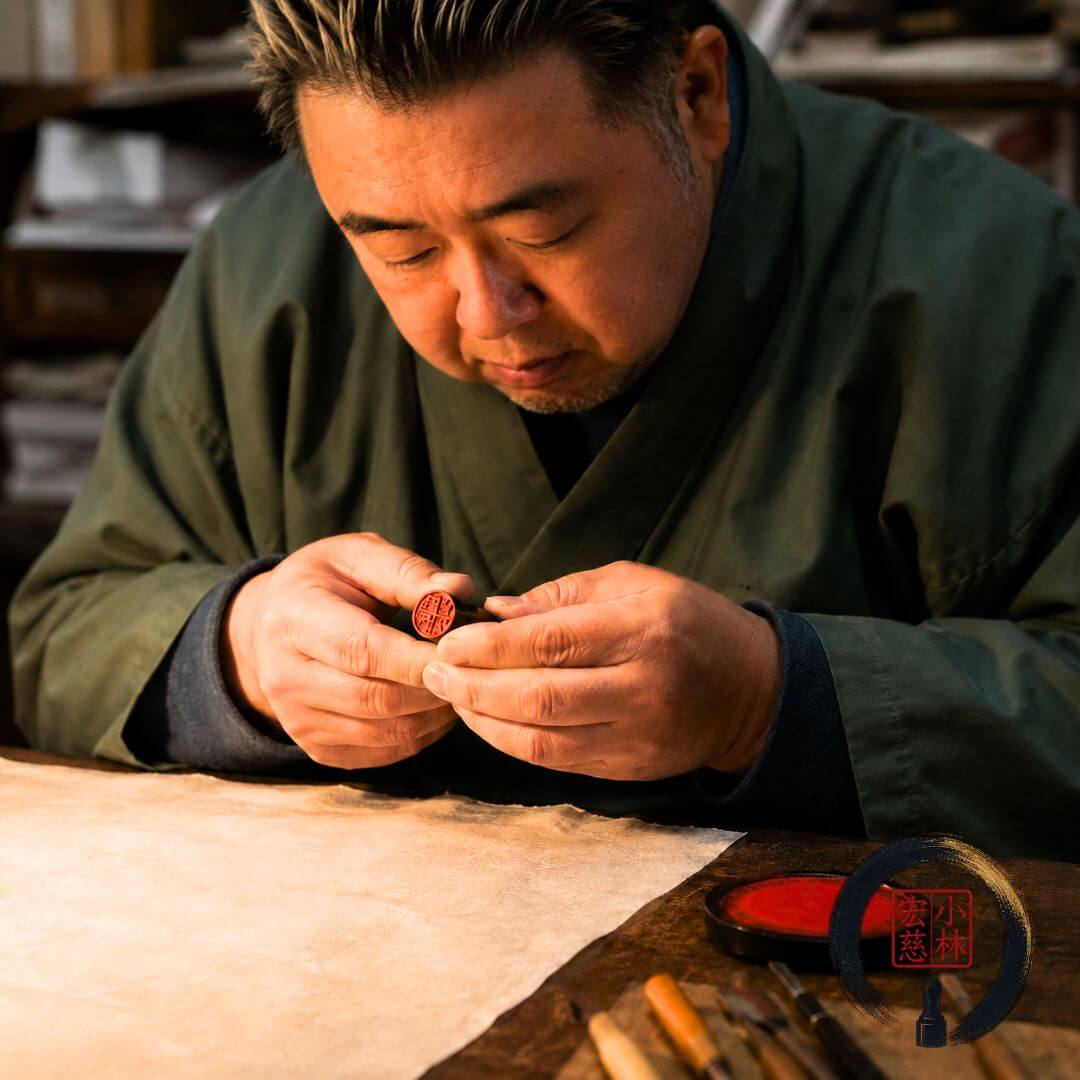 成功と繁栄を願い手彫り印鑑を大切に扱う職人の手元