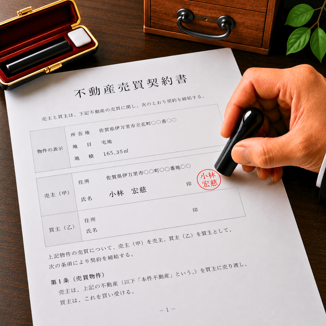 不動産売買契約書に実印を押している様子｜佐賀県伊万里市の小林はんやによる手彫り実印