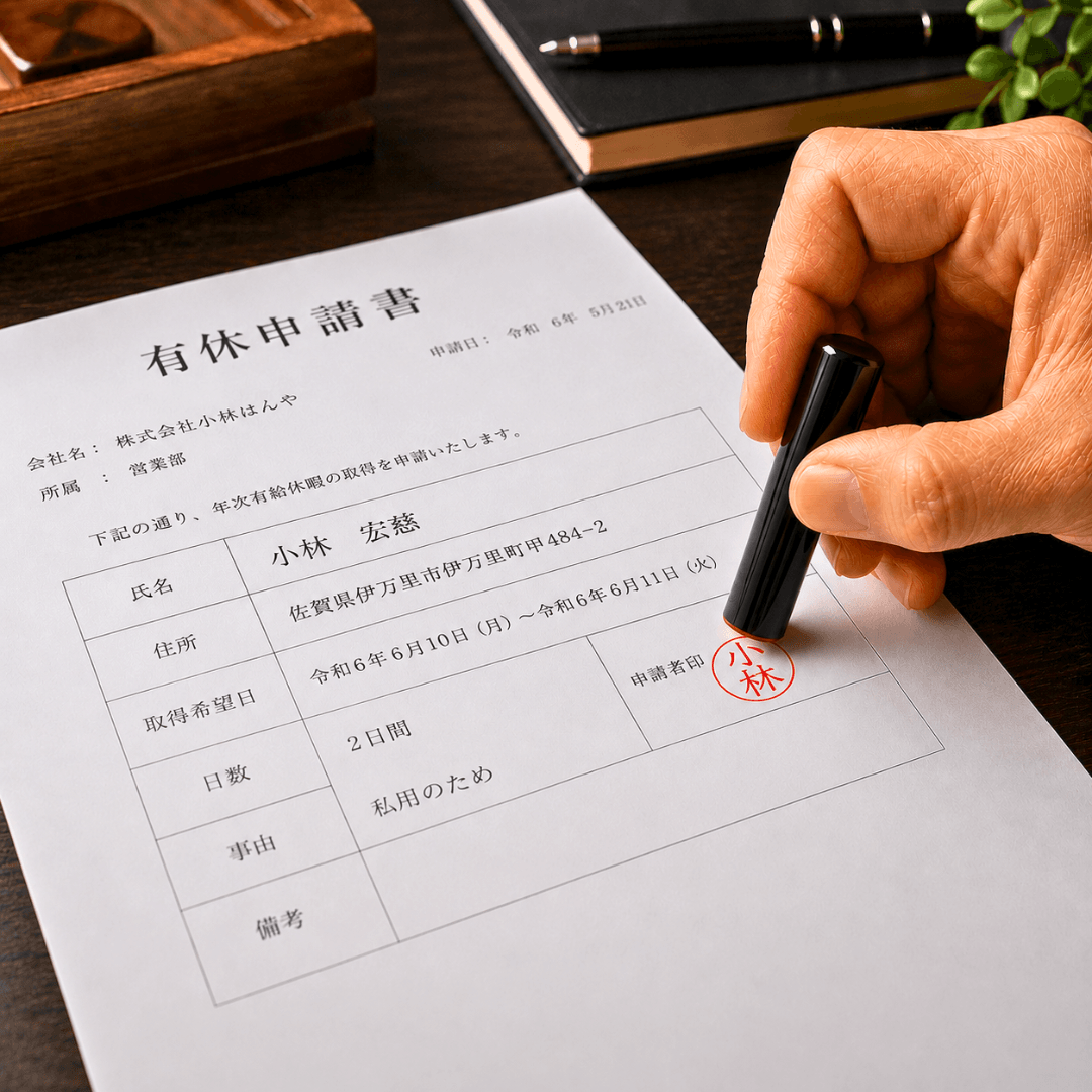 有休申請書に認印を押している様子｜佐賀県伊万里市の小林はんやによる手彫り認印